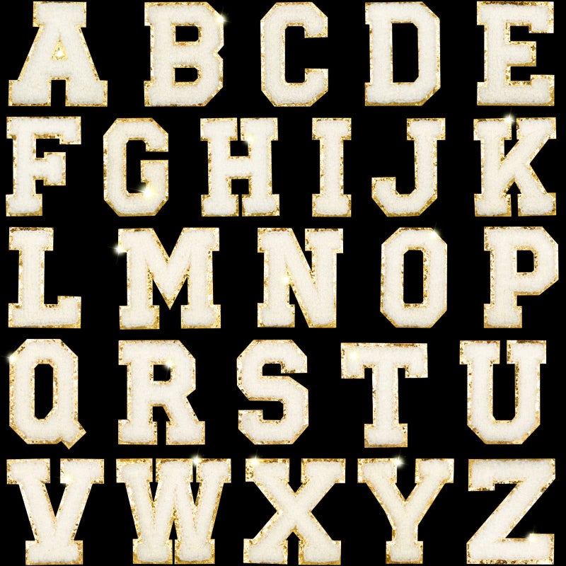 Mtlee 26 Pieces Glitters Patches Iron on Letters Chenille AZ Patches Decorative Repair Embroidered Personalized Sew on for Clothing Repairing Hats Shirts Shoes Jeans BagsGold White