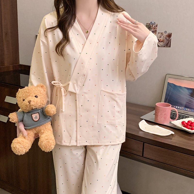 Autumn New Long Sleeve Pajamas Women'S Simple Color Polka Dot Cute Japanese Kimono Cardigan Home Clothes - Image 3