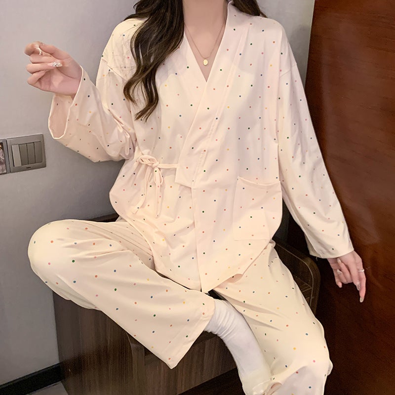 Autumn New Long Sleeve Pajamas Women'S Simple Color Polka Dot Cute Japanese Kimono Cardigan Home Clothes - Image 2