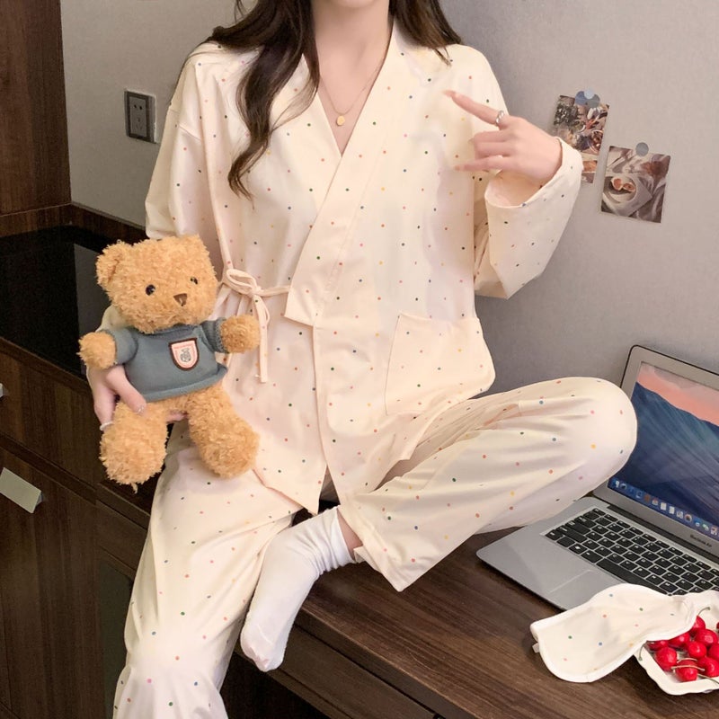 Autumn New Long Sleeve Pajamas Women'S Simple Color Polka Dot Cute Japanese Kimono Cardigan Home Clothes - Image 1