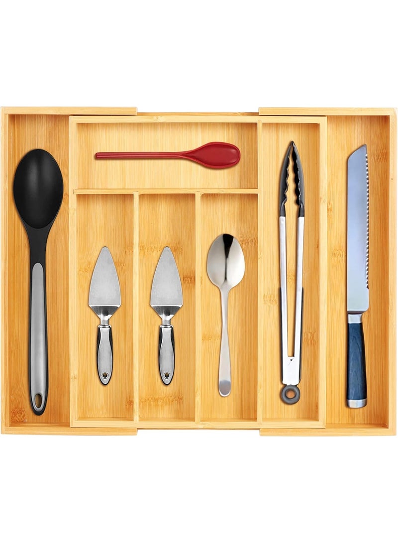 KITCHENOO Kitcheno Bamboo Cutlery Tray Expandable Drawer Organizer Kitchen Storage for Silverware, Utensils, Cutlery 7 Slots - Image 1