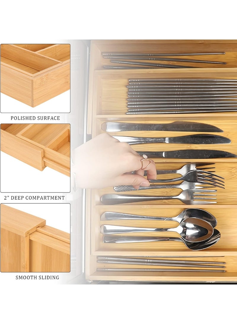 KITCHENOO Kitcheno Bamboo Cutlery Tray Expandable Drawer Organizer Kitchen Storage for Silverware, Utensils, Cutlery 7 Slots - Image 3