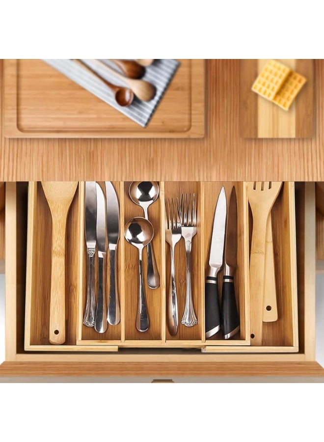 KITCHENOO Kitcheno Bamboo Cutlery Tray Expandable Drawer Organizer Kitchen Storage for Silverware, Utensils, Cutlery 7 Slots - Image 5