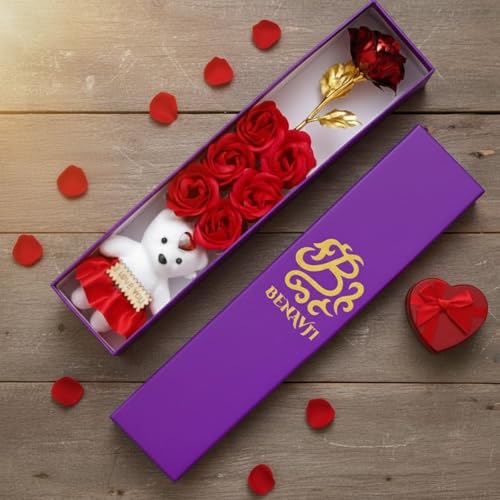 BENAVJI Valentine’s Day Gift Set Romantic Gift for Girlfriend, Boyfriend, Wife, and Husband (Red Rose with Flower & Teddy) - Image 1