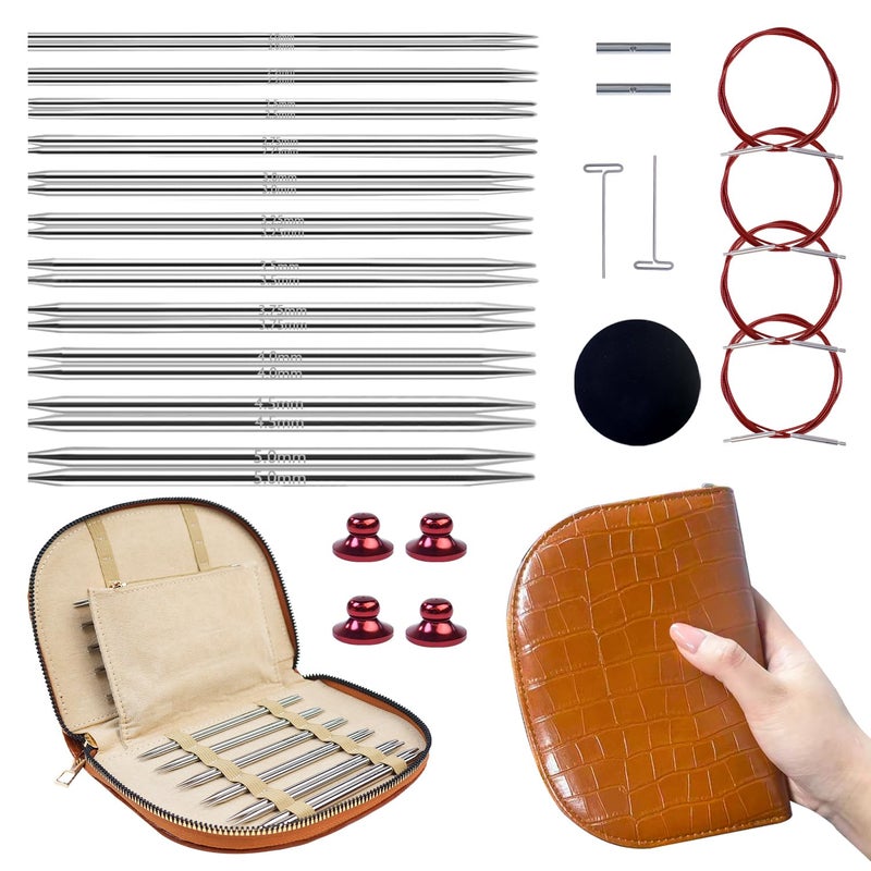 Lewhoo Circular Knitting Needles Set with Bag, 11 Pair Interchangeable Stainless Steel Circular Needle for Knitting with 4 Cables 2.0~5.0mm - Image 1