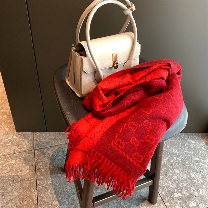 Double-Sided Red Imitation Cashmere Scarf For Women In Winter Wedding Celebration Chinese Red Tassel Customer Gift Shawl - Image 3