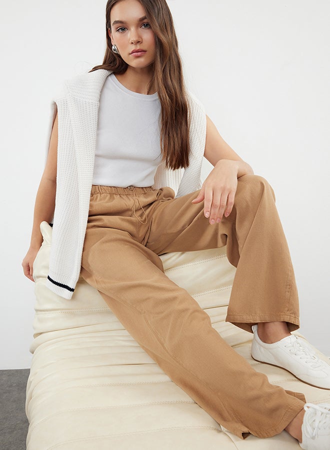 trendyol Camel Waist Detailed Linen Blend High Waist Wide Leg Trousers TWOAW25JE00003  - Image 1