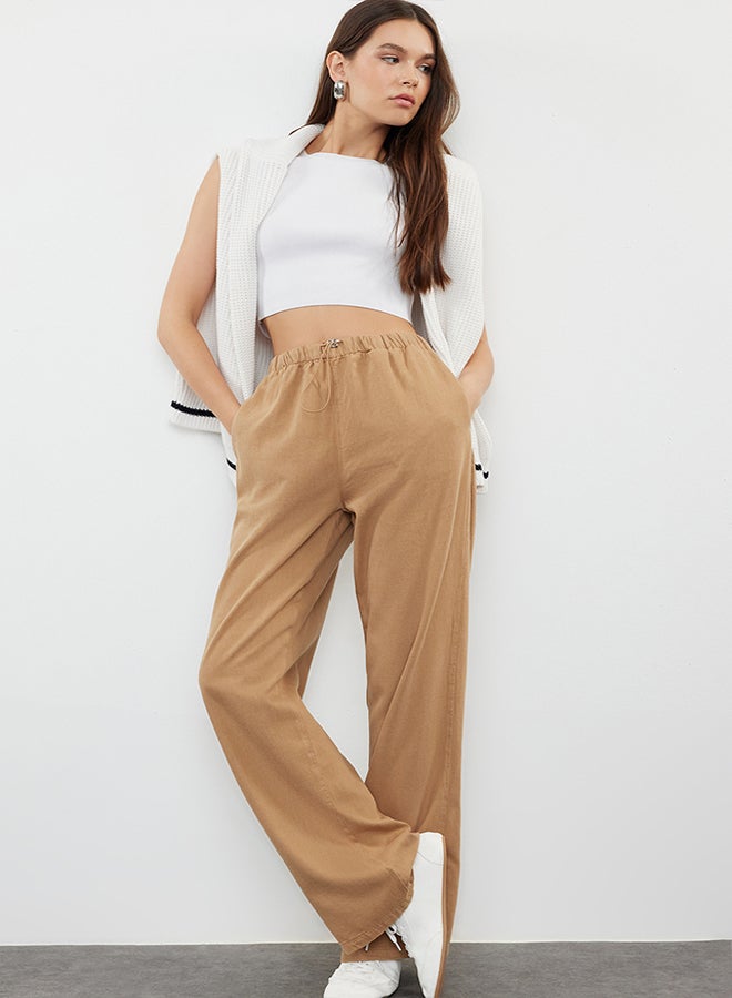 trendyol Camel Waist Detailed Linen Blend High Waist Wide Leg Trousers TWOAW25JE00003  - Image 2