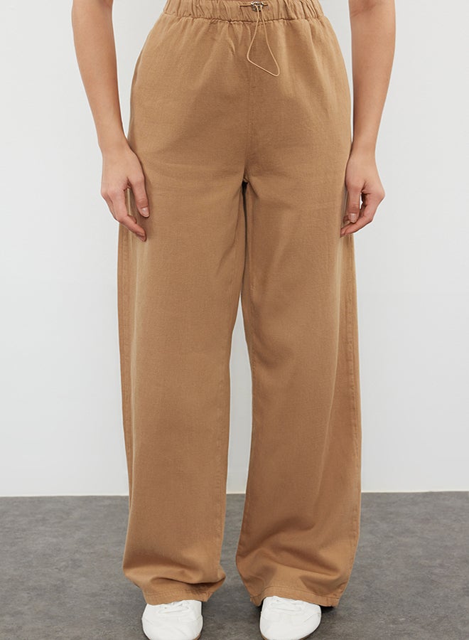 trendyol Camel Waist Detailed Linen Blend High Waist Wide Leg Trousers TWOAW25JE00003  - Image 3