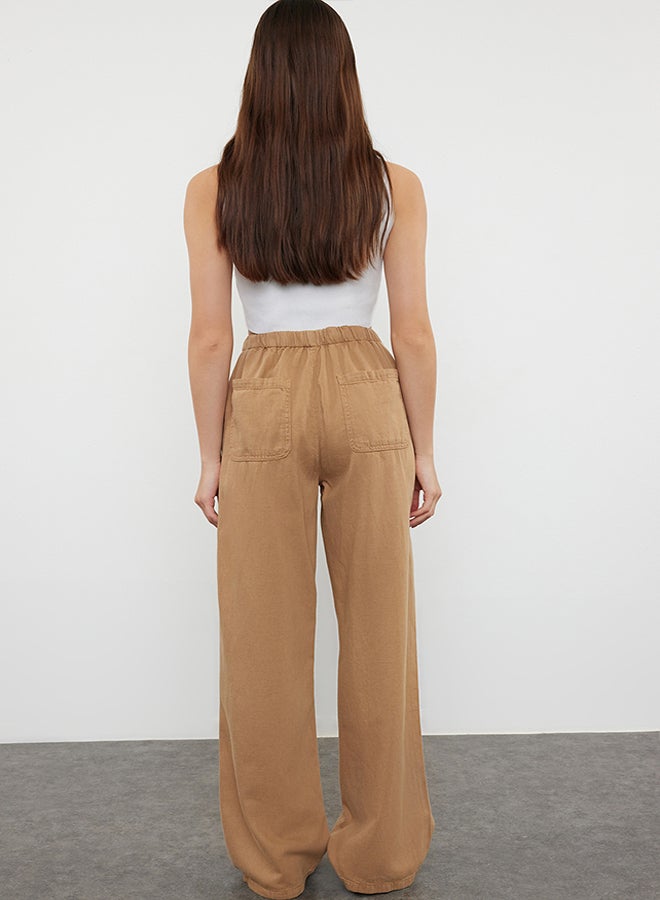 trendyol Camel Waist Detailed Linen Blend High Waist Wide Leg Trousers TWOAW25JE00003  - Image 5