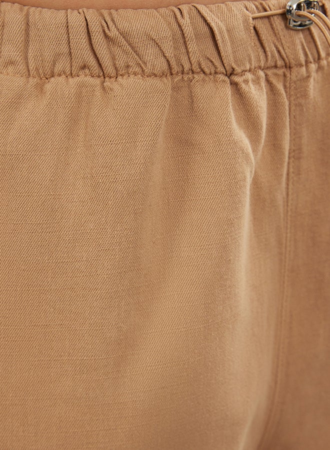 trendyol Camel Waist Detailed Linen Blend High Waist Wide Leg Trousers TWOAW25JE00003  - Image 4