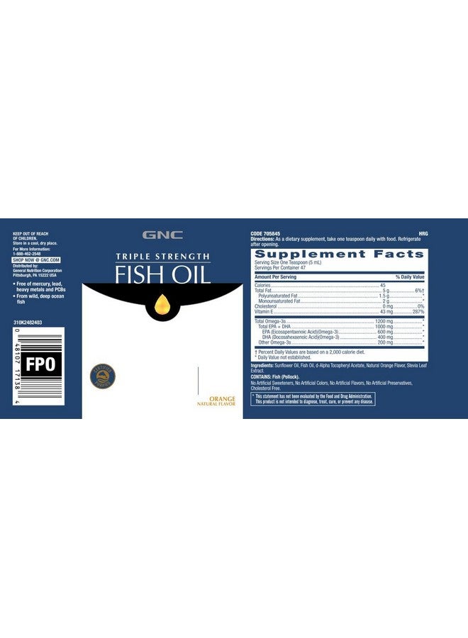 GNC Triple Strength Fish Oil | 1000 mg of EPA/DHA Omega-3s, Supports Heart, Brain, Skin, Eye, and Joint Health | Orange | 8 fl.oz - Image 2