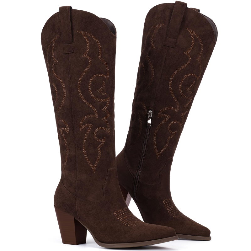 Pasuot Suede Cowboy Boots for Women - Western Knee High Cowgirl Boots with Side Zipper, Retro Pointed Toe Tall Block Heel Pull On Long Boot Fall Winter Concert Rodeo Festival Daily Chocolate Size 8 - Image 5