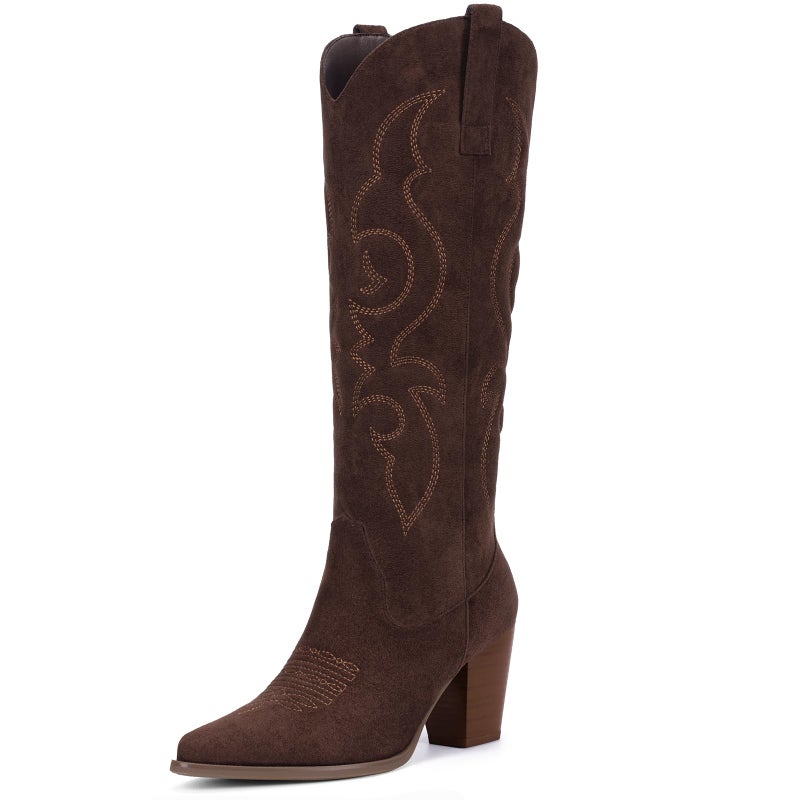Pasuot Suede Cowboy Boots for Women - Western Knee High Cowgirl Boots with Side Zipper, Retro Pointed Toe Tall Block Heel Pull On Long Boot Fall Winter Concert Rodeo Festival Daily Chocolate Size 8 - Image 1