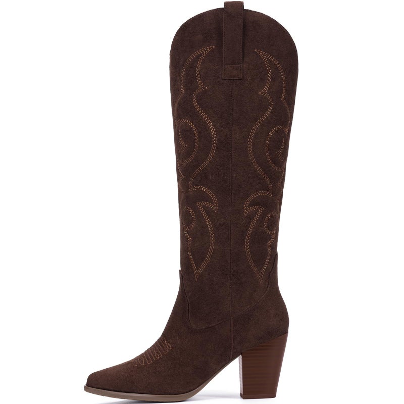 Pasuot Suede Cowboy Boots for Women - Western Knee High Cowgirl Boots with Side Zipper, Retro Pointed Toe Tall Block Heel Pull On Long Boot Fall Winter Concert Rodeo Festival Daily Chocolate Size 8 - Image 4
