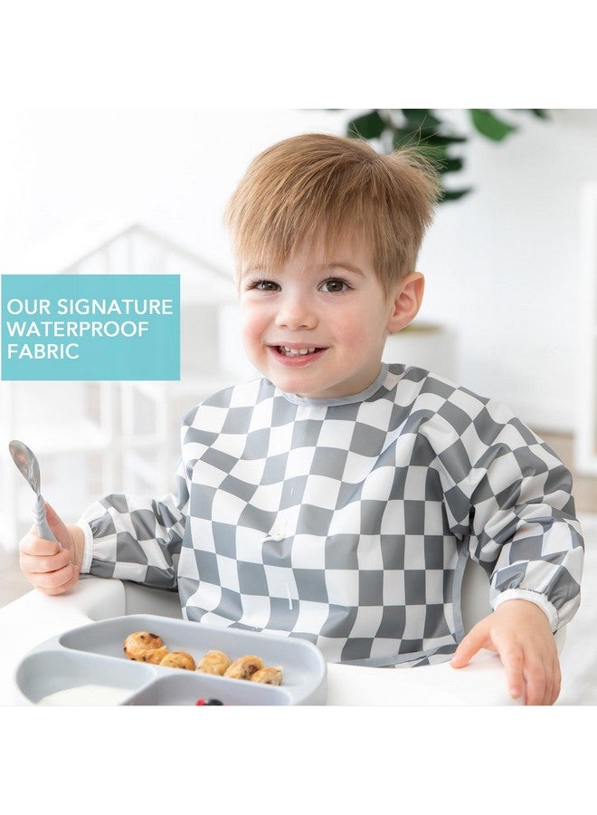 Bumkins Sleeved Bib for Girl or Boy, Baby and Toddler for 6-24 Mos, Essential Must Have for Eating, Feeding, Baby-Led Weaning Supplies, Long Sleeve Mess Saving Food Catcher, Fabric, Gray Check - Image 2