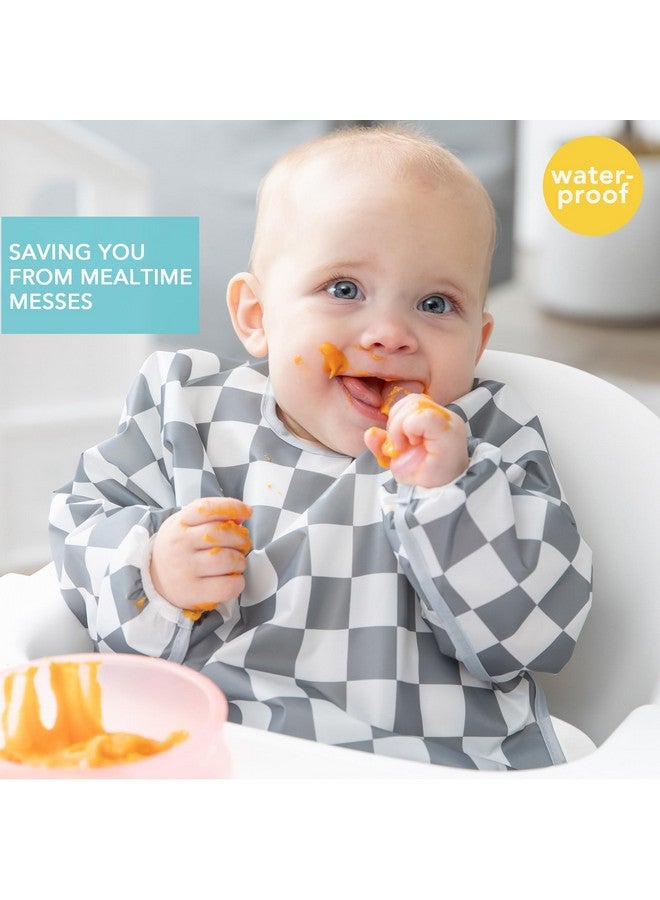 Bumkins Sleeved Bib for Girl or Boy, Baby and Toddler for 6-24 Mos, Essential Must Have for Eating, Feeding, Baby-Led Weaning Supplies, Long Sleeve Mess Saving Food Catcher, Fabric, Gray Check - Image 1