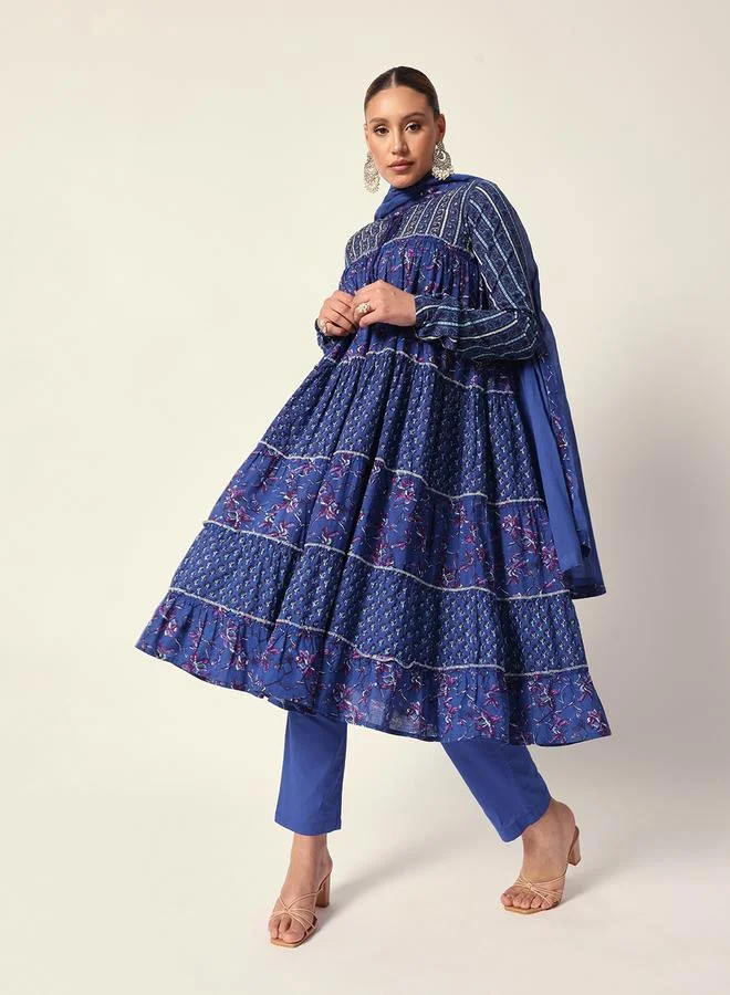 ISHIN Women's Blue Cotton Textured Tunic Full Palazzo Regular Fit Kurta Set