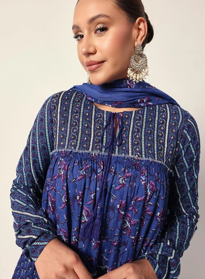 ISHIN Women's Blue Cotton Textured Tunic Full Palazzo Regular Fit Kurta Set