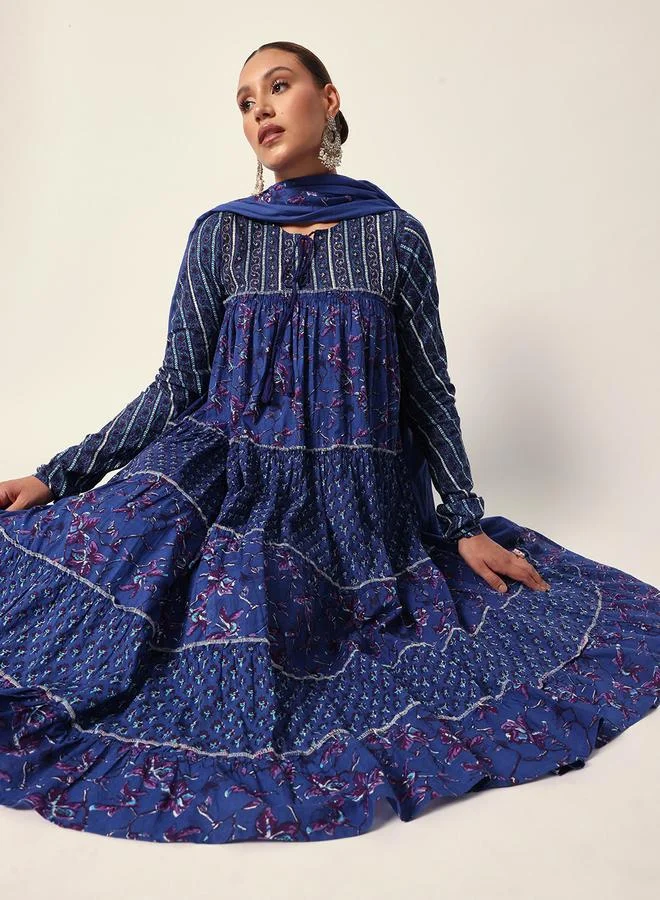 ISHIN Women's Blue Cotton Textured Tunic Full Palazzo Regular Fit Kurta Set