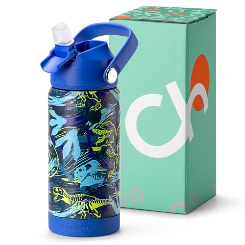 Choco Mocha Kids Dinosaur Water Bottle For School, Kids Insulated Water Bottle Stainless Steel for Boys, 14Oz Blue Dinosaur - Image 1