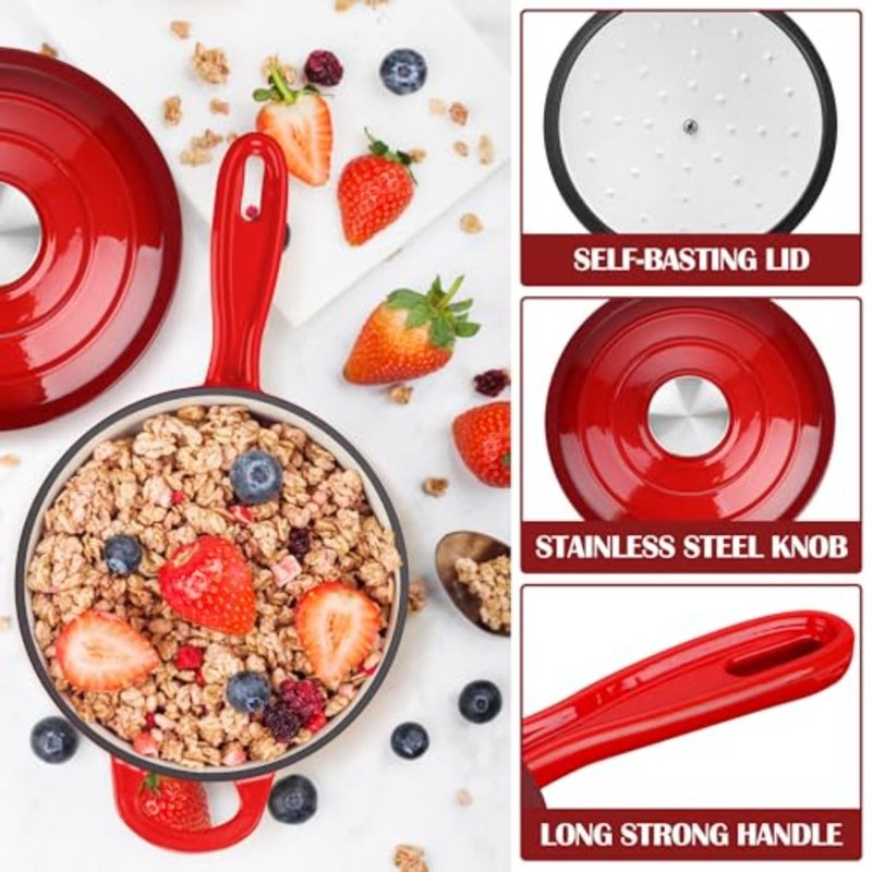 Enameled Cast Iron Sauce Pan with Lid, 1 Quart Dutch Oven for Cooking Boiling, Red, Healthy Non-Toxic, Induction and Oven Safe - Image 4