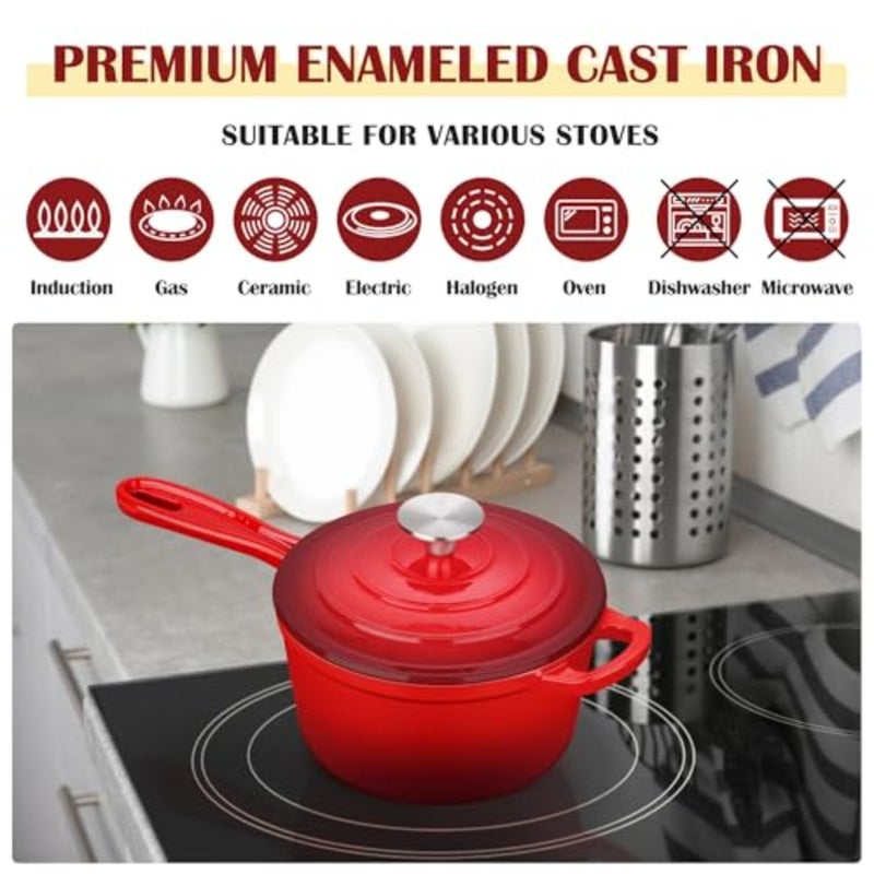 Enameled Cast Iron Sauce Pan with Lid, 1 Quart Dutch Oven for Cooking Boiling, Red, Healthy Non-Toxic, Induction and Oven Safe - Image 5