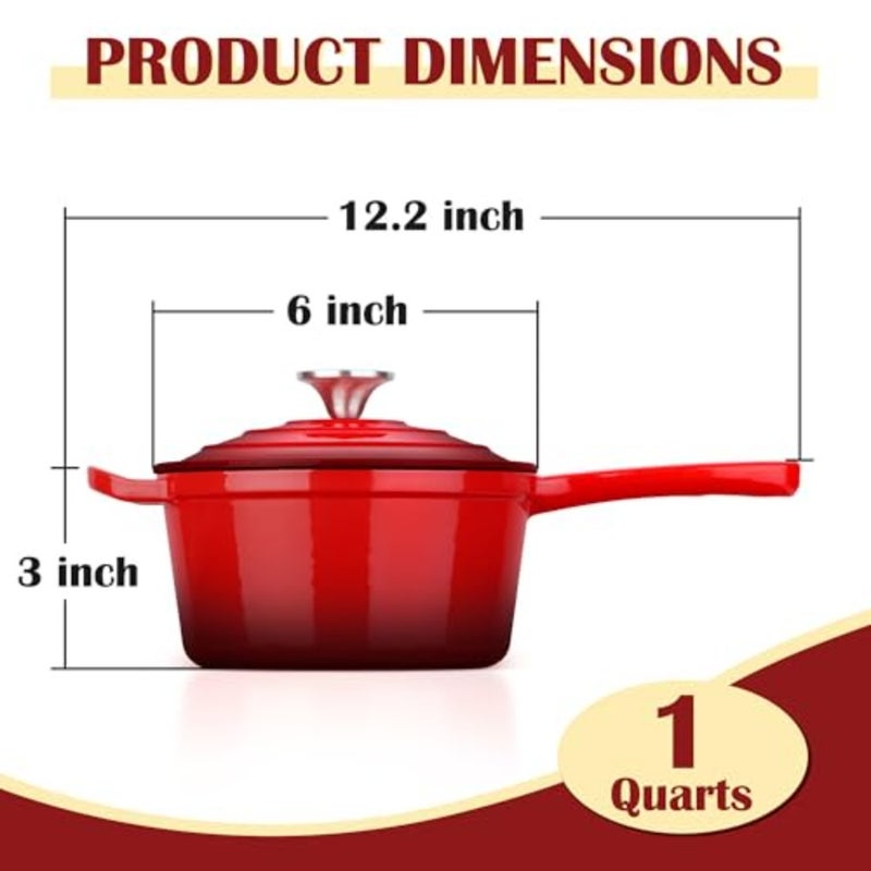 Enameled Cast Iron Sauce Pan with Lid, 1 Quart Dutch Oven for Cooking Boiling, Red, Healthy Non-Toxic, Induction and Oven Safe - Image 2