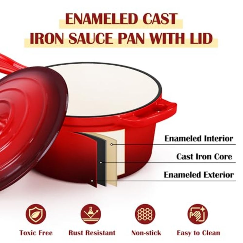 Enameled Cast Iron Sauce Pan with Lid, 1 Quart Dutch Oven for Cooking Boiling, Red, Healthy Non-Toxic, Induction and Oven Safe - Image 3