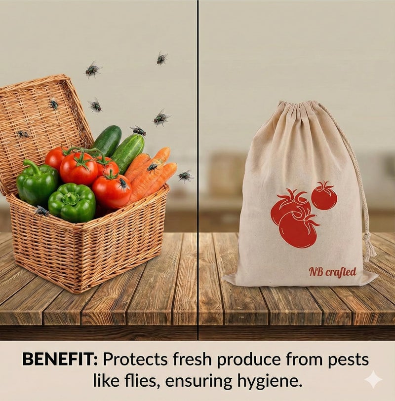 NB Crafted Vegetable Storage Bags for Fridge, Cotton Mesh Bag Reusable and Washable Multipurpose Eco Friendly Heavy-duty, Double Bags with Drawstrings (Pack of 10) - Image 5