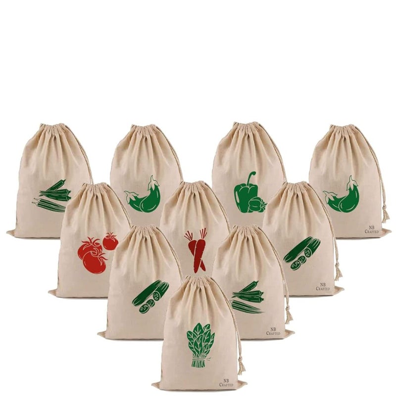 NB Crafted Vegetable Storage Bags for Fridge, Cotton Mesh Bag Reusable and Washable Multipurpose Eco Friendly Heavy-duty, Double Bags with Drawstrings (Pack of 10) - Image 1
