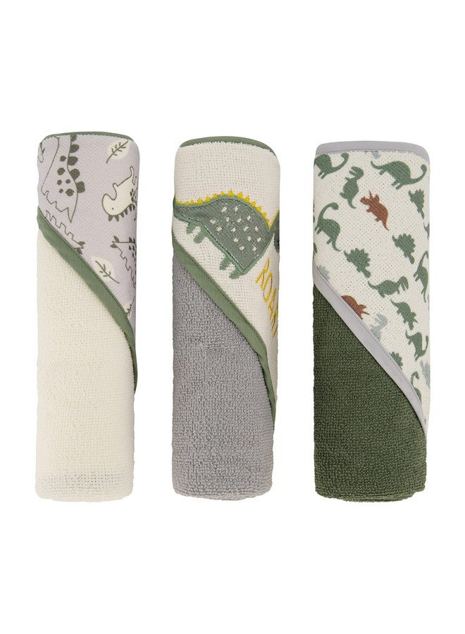 Cudlie Buttons & Stitches Baby Boy 3 Pack Rolled/Carded Hooded Towels in Dino Roar Print (GS71721) - Image 1