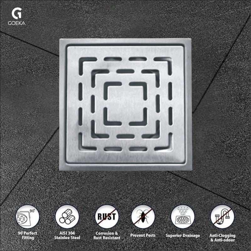 GOEKA Sapphire Square Flat Cut Floor Drain | 304 Stainless Steel Drain Channel | 6 x 6 Inches Waste Water Floor Drain Channel with Stainless Steel Trap - Image 2