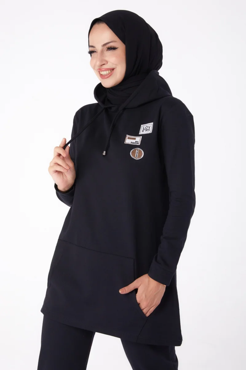 Tofisa Plain Hooded Collar Women's Black Embroidered Two Piece Suit - 13276