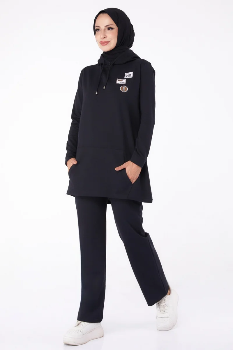 Tofisa Plain Hooded Collar Women's Black Embroidered Two Piece Suit - 13276