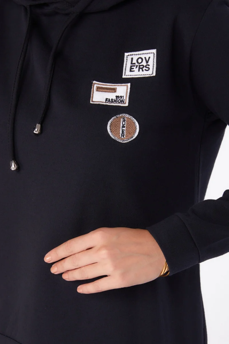 Tofisa Plain Hooded Collar Women's Black Embroidered Two Piece Suit - 13276