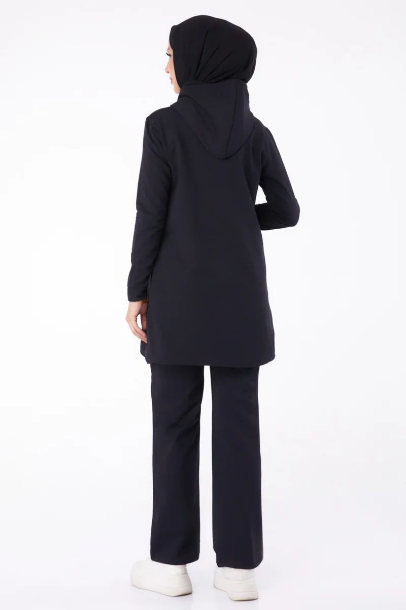 Tofisa Plain Hooded Collar Women's Black Embroidered Two Piece Suit - 13276