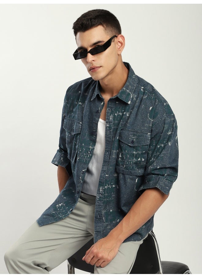 Beyoung Green And Blue Abstract Printed Overshirt  - Image 4