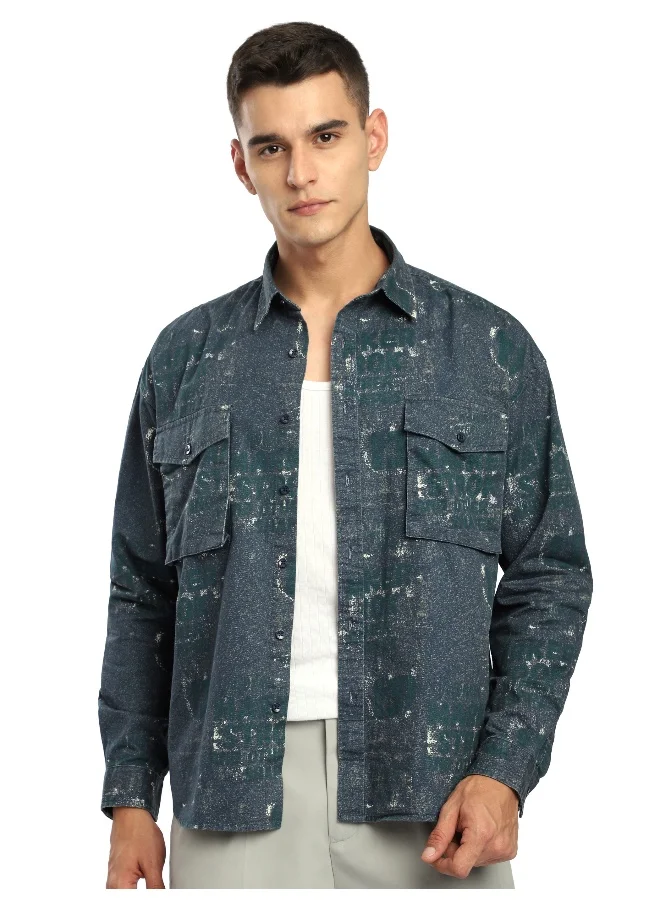Beyoung Green And Blue Abstract Printed Overshirt