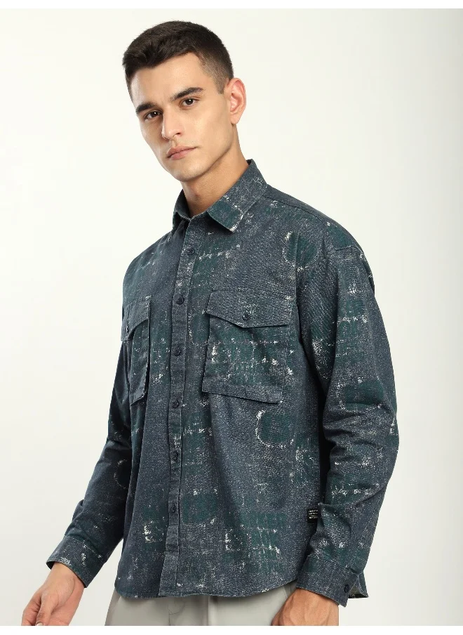 Beyoung Green And Blue Abstract Printed Overshirt