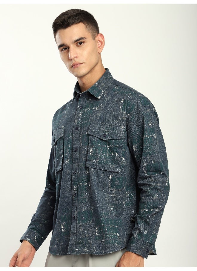 Beyoung Green And Blue Abstract Printed Overshirt  - Image 1