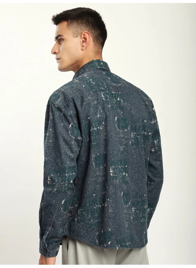 Beyoung Green And Blue Abstract Printed Overshirt