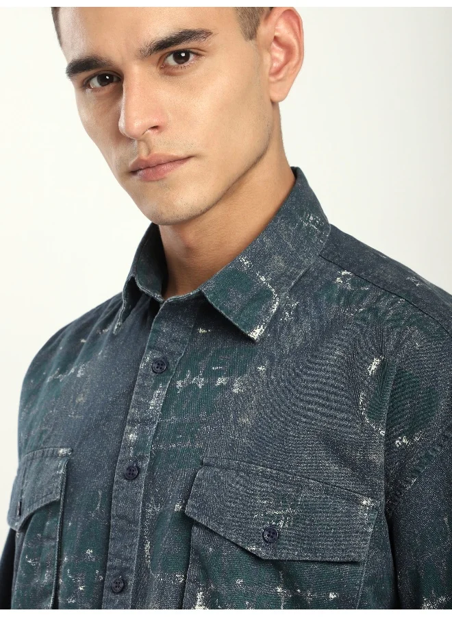 Beyoung Green And Blue Abstract Printed Overshirt