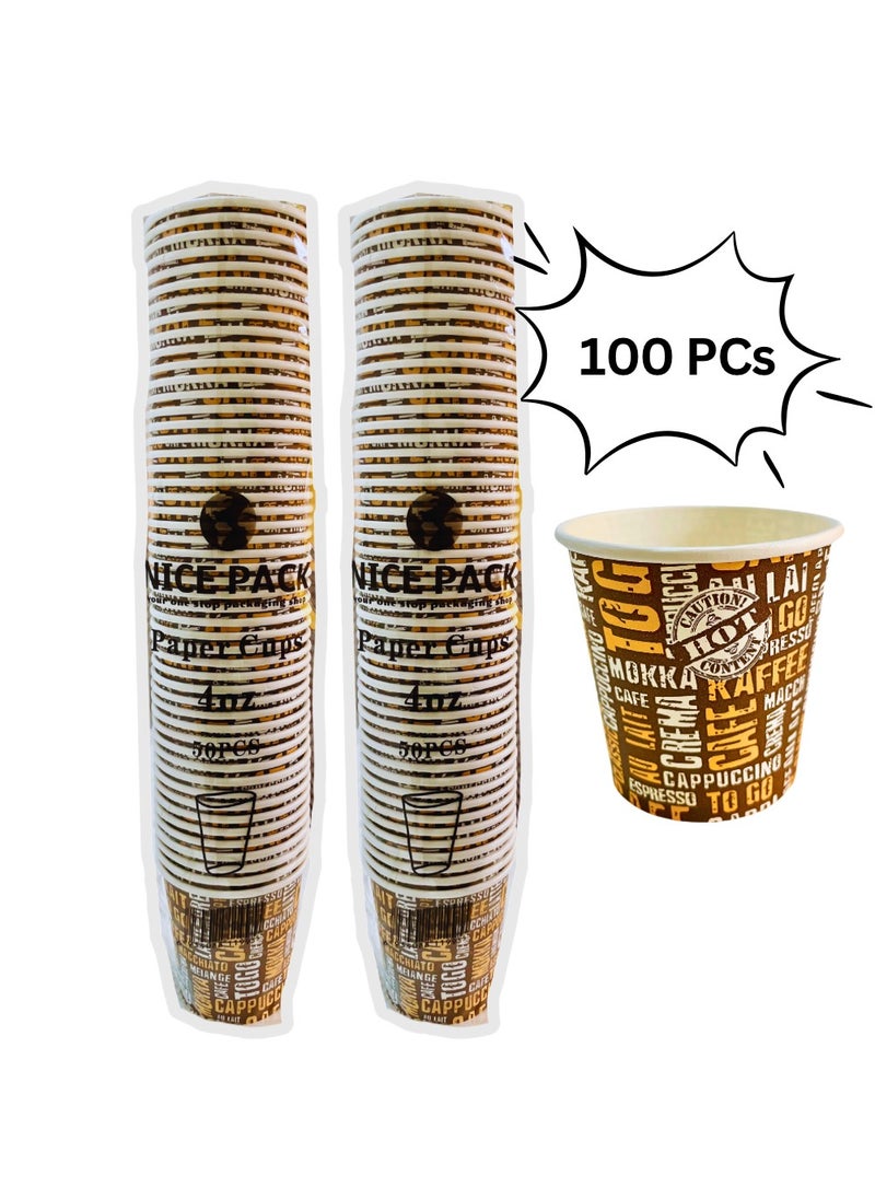 Nice Pack - 100 pcs Eco-Friendly Disposable Brown and Yellow Paper Cups - 4oz Printed - Image 1
