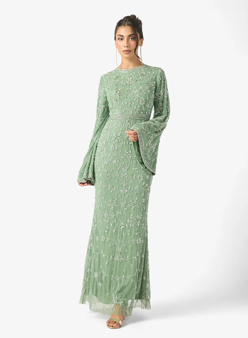 MARYISA Eliza  Modest Embellished Sequin Flared Sleeve Maxi Dress
