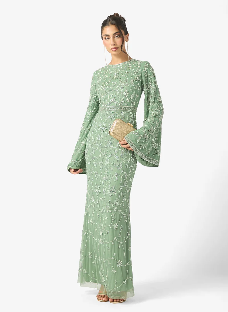 MARYISA Eliza  Modest Embellished Sequin Flared Sleeve Maxi Dress