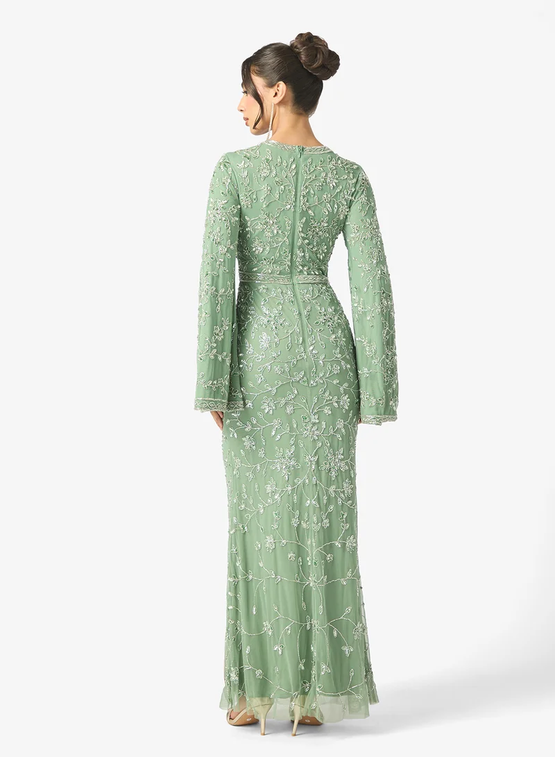 MARYISA Eliza  Modest Embellished Sequin Flared Sleeve Maxi Dress