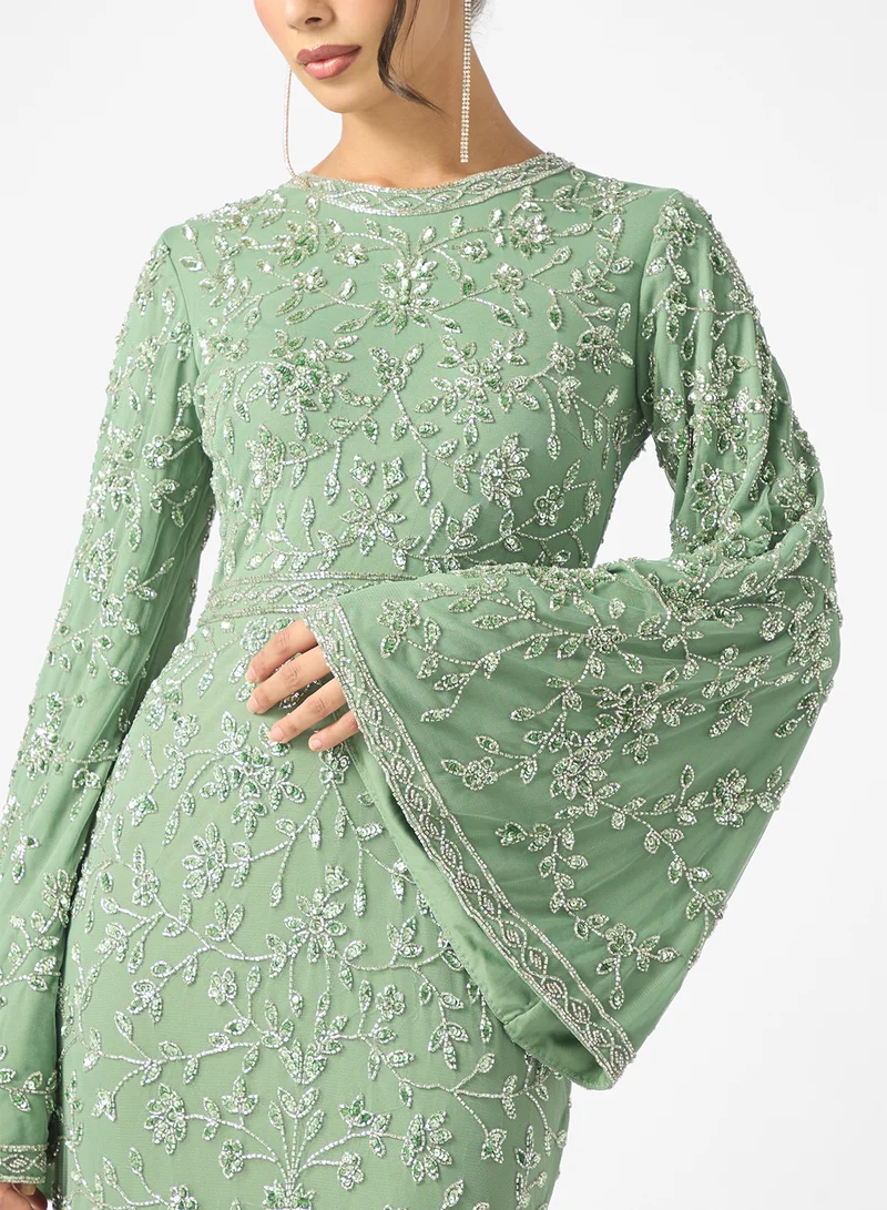 MARYISA Eliza  Modest Embellished Sequin Flared Sleeve Maxi Dress