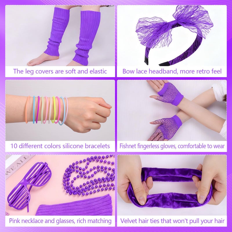 obeoby Purple Mardi Gras Outfit for women, 80s 90s Outfit Costume Accessories Party Lace Headband Necklace Sets for Masquerade Retro Party - Image 3