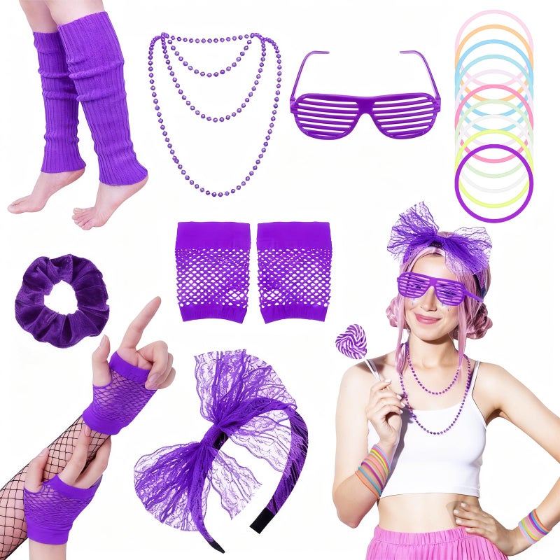 obeoby Purple Mardi Gras Outfit for women, 80s 90s Outfit Costume Accessories Party Lace Headband Necklace Sets for Masquerade Retro Party - Image 1